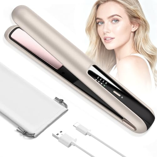 Mini Cordless Hair Straighteners for Women 4800mAh, 2 in 1 Travel Hair Straightener | Wireless Portable Hair Curler with USB Charging | Mini Curling Iron, 3 Heating Modes, Reduce Frizz