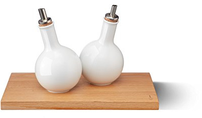 KPM Berlin LAB Bulb Kitchen-Set – weißes Öl & Essig Set aus handgefertigtem Porzellan, 3-teilig mit Metall Flaschenausgießer und Holzbrett Eiche im Geschenkkarton
