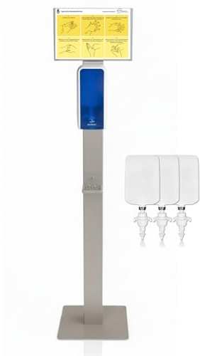 Blanc HYGIENIC Desinfektionsspender Cosmos – Spender mit Sensor und Standfuß, Spender stehend und 3X 1 Liter Desinfektionsmittel, Händedesinfektion für ca. 3.000 Anwendungen, Weiß und Blau