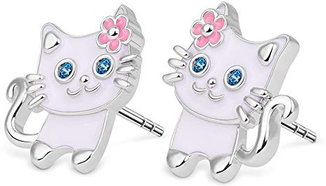 GNOCE Damen Ohrstecker Silber 925 Kinder Weiße Katze mit Blume Eule Gold Plated Hirsch Schmetterling Ohrringe Tiere Set Mode Ohrringe Geschenk für Frauen Mädchen (Katze- Weiße)