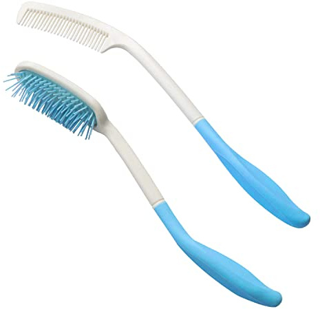 Kesywale Long Reach Handled Comb and Hair Brush Set for Elderly and Hand-Disabled People, Not Need to Lift Hand (Blue)