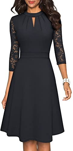 HOMEYEE Women's Elegant Hollow Out Lace Sleeve Swing Pleated Party Cocktail Dress A234 (M, Black)