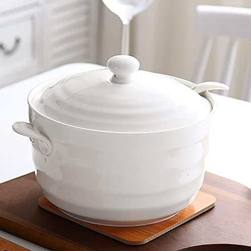 Double Handle Lid Pure White Ceramic Tureen Soup Ceramic Round White Dish Casserole/Clay Pot/Earthen Pot/Ceramic Cookware with White Lid Heat-Resistant,2200ML