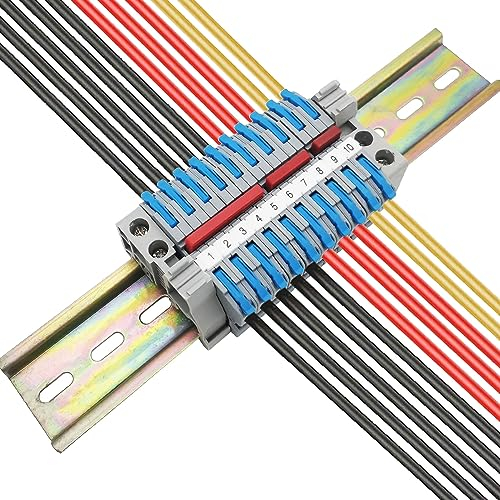 DIN Rail Connectors, CTRICALVER Universal Class Terminal Blocks Kit, 10 pcs Blue Terminal Blocks, 1 pcs Numbers Strip Markers, with Connection bar (2P, 3P,5P)