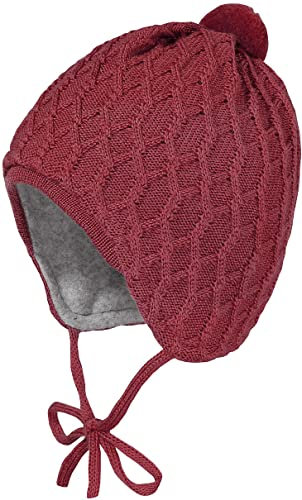 maximo Baby-Mütze, Zopfstruktur, Band ausgenäht, Blende, Pompon Made in Germany Merino