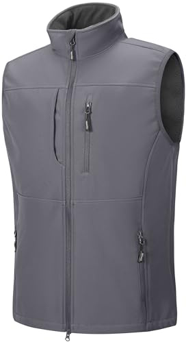 Outdoor Ventures Chaleco Softshell para hombre, impermeable, cortavientos, sin mangas, deportivo, varios bolsillos, chaleco softshell para hombres, gris claro, XL