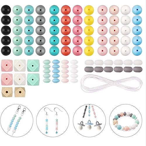 Glorlliant 100 Stück Silikonperlen für die Schmuckherstellung, Rund Polygon Lose Silikon Perlen mit 1,5 m Baumwollfaden Dekoration für DIY Handwerk Schmuck Armbänder Zubehör