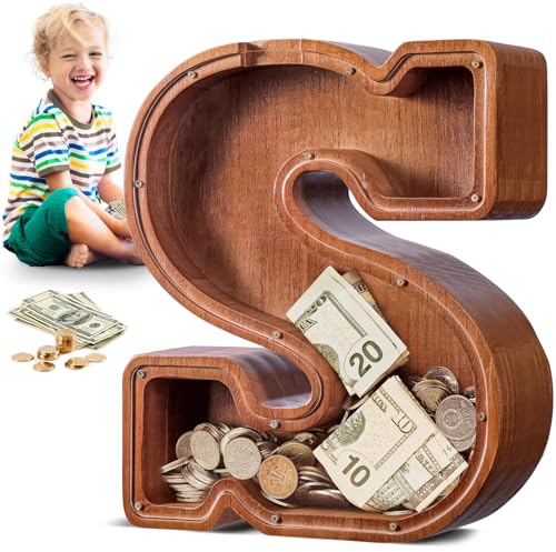 Summidate Large Wooden Piggy Bank for Kids Adults, Letter S Money Bank for Boys Girls, Personalized Initial Alphabet Bank for Coins Bills Change, Birthday and Decor