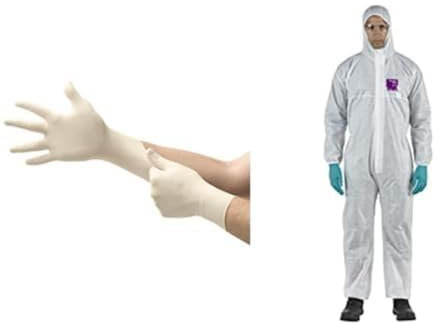 TouchNTuff 69-318 Disposable Latex Gloves with Textured Fingertips White, Size M (100 Gloves) + AlphaTec 1500 Model 138,Disposable Work Overall with Hood, Chemical Protection Type 5/6, Size L (1 Unit)