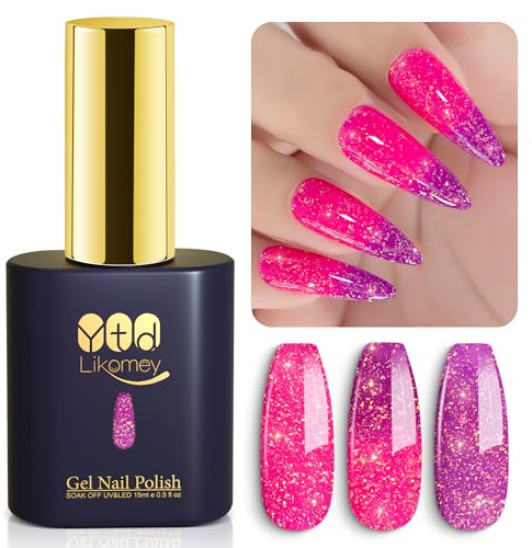 YTD Likomey UV Gel-lack Nagellack,15ml Glitter Ändrar Färg med Temperaturen Nagellack,Färgskiftande Manikyr Gel Polish,Kameleontfärg Gellack-Knallrosa till Lila WB351