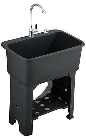 TRGCJGH Freistehendes Waschbecken Ausgussbecken Handwaschbecken Wäschewanne aus Kunststoff, Für Keller, Garage oder Waschraum mit Wasserhahn und Ablagefach(60X40cm/23.6X15.7in,black)