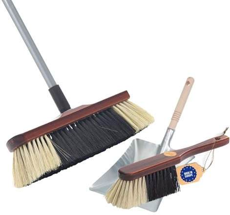 Novaliv Escoba de habitación con mango telescópico de mezcla de pelo de caballo de crin, cerdas suaves, escoba para armario con mango y cepillo de mano, juego de recogedor de metal y recogedor