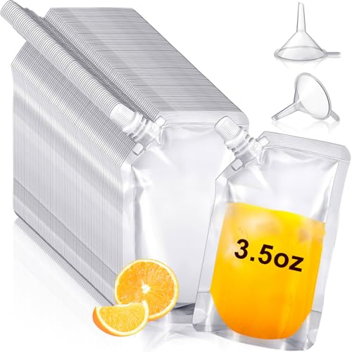Meanplan 200 Pcs Reusable Plastic Pouches Bulk Squeeze Plastic Juice Drink Pouches Clear Leak Proof Bags Container with Funnel for Party Travel Concert Outdoor Sport(3.5 oz)