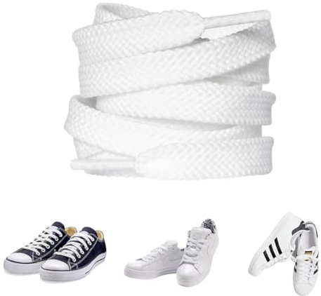 Carehabi 2 par vita skosnören platta 8 mm breda slitstarka skosnören av polyester längder 120 cm för sneakers sportskor vandringsskor löparskor sneakers, Vit, 120