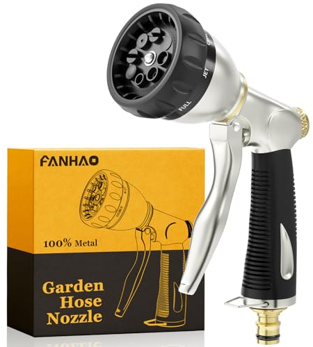 FANHAO Gartenschlauch Spritze,Gartenbrause 100% Metall mit 8 einstellbaren Sprühbildern,Hochdruck-Schlauchdüse mit rutschfestem Griff zum Gießen von Rasen,Waschen von Autos und Haustieren-Schwarz