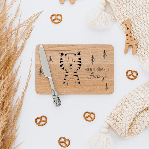 wunderwunsch - Personalisiertes Holzbrett mit präziser Gravur mit Messer für Kinder - Personalisiertes Frühstücksbrettchen - Niedliche Motiv-Brettchen mit Namen (Tiger)