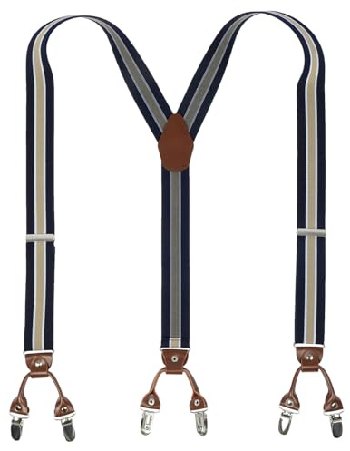 PAPA LEGGENDA Suspenders for Men with Strong Clips, 1.4 Inches Wide Heavy Duty Men's Suspenders Adjustable Y-Back for Work Jeans, Dark Bule & Gold stripe