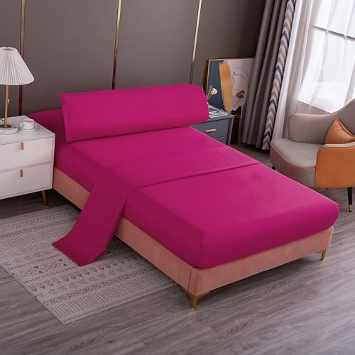 Meishida Juego de Sábanas 3 Piezas para Cama 90cm/135cm/150cm, Sábana Bajera Ajustable, Encimera, Funda de Almohada Color Liso (Cama 90cm, Fucsia)
