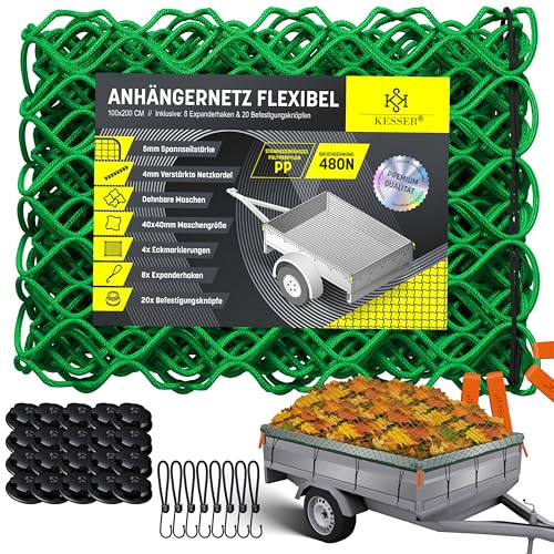 KESSER® Anhängernetz 1x2m Dehnbar feinmaschig | Hängernetz mit Spannseil & Netzkordel für Ladungssicherung | elastisches Sicherungs-Netz Eckmarkierungen Expander-Haken & Befestigungsknöpfen Grün