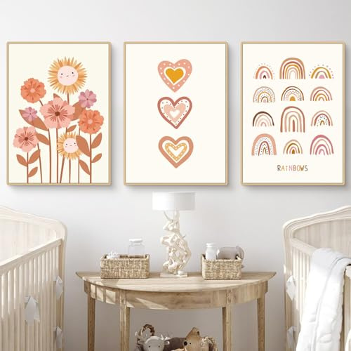 Herfair 3er Set Poster für Kinderzimmer Boho Deko Bilder Babyzimmer - Wandbilder Schlafzimmer Sonne Regenbogen Babyzimmer Wanddeko Mädchen Junge ohne Rahmen