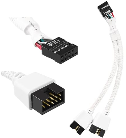 KUOQIY Moderkort 9 PIN USB 2.0 Header Splitter, Dator Moderkort USB-Förlängningskabel, 9 Pin 1 Hona till 2 Hane Y Splitter Audio HD-Förlängningskabel, Vit