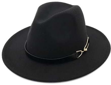 FULUJIDI Fedora Trilby Filzhut Hut Fedora Hüte Mit Metalls Chnalle Männer Trilby Flat Brim Panama Jazz Hut Frauen Vintage Kirchen Kleider Hut 55 To58 cm Schwarz