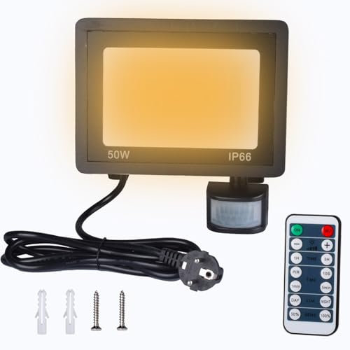 Etrogo 50W Foco LED con Sensor de Movimiento Exterior 5000Lm 72 LEDs 3000K Blanco Caldo Regulable Impermeable IP66 con Mando para Jardín,Patio,Garaje,Parque
