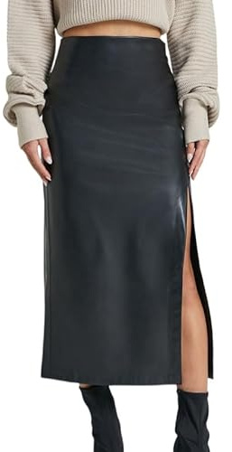 KIJSKKOPO Faldas Largas De Cuero para Mujer, Cintura Alta Negra, Falda Lápiz De Cuero Sintético con Cremallera Lateral, Elegante para Otoño E Invierno, Falda Midi con Aberturas En La Cadera para