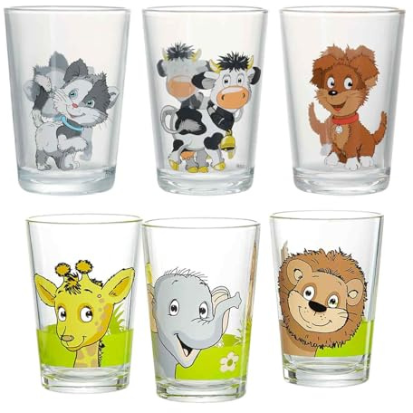 Ritzenhoff & Breker Kindergläser Hoftiere & Dschungeltiere, 6er Set, 205 ml, Bedruckte Kinderbecher mit Tiermotiven, Spülmaschinengeeignet