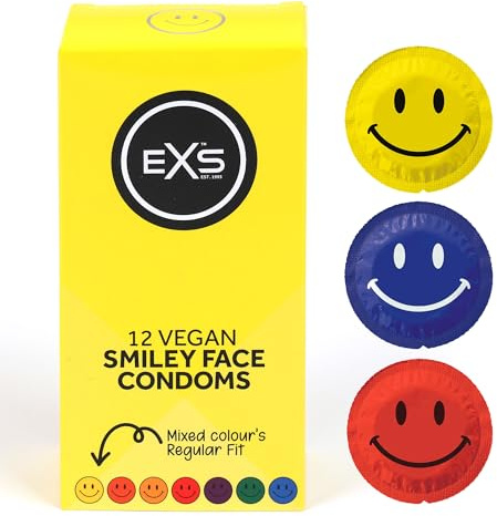 EXS Smiley Face Preservativos (12 unidades) de ajuste regular, látex de alta calidad con lubricante no espermicida, forma acampanada con tetina, condones veganos aprobados por PETA, 3 años de vida
