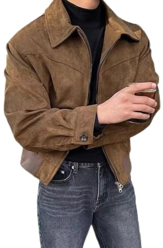 Besttoolifes Hirschleder-Jacke, Oberbekleidung, Herren, locker, trendig, High Street, Retro, koreanischer Stil, lässig, Frühling und Herbst, kurze Oberteile, braun, XL