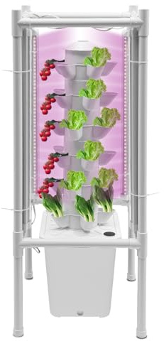 LENDISIY Hydroponisk odlingssystem, 30 växter vertikal hydroponisk växande sändare torn med 4 LED UV-ljus och 10 l vattentank, jordlösa växtodlingssystem, trädgårdshydrokulturodlingssystem (vit)