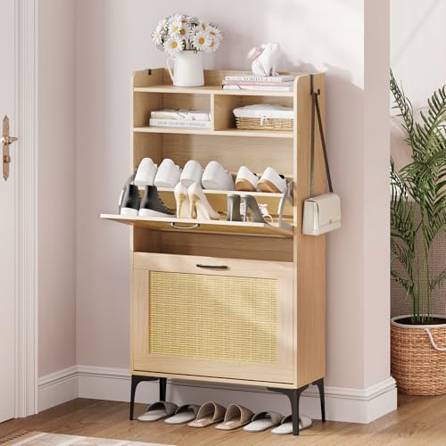Dripex Schuhregal schmal Rattan 60x24x114cm, Schuhschrank mit 2 Klappen, schuhkipper