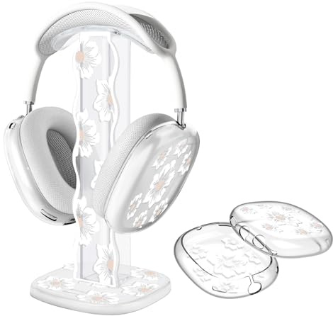 DiyGody Headphone Stand Gaming Headset Holder with Soft Silicone Ear Pad/Ear Cups Case for AirPods Max Headphones, Clear Earphone Stand Desk Accessories for All Headphones Size (White Flowers)