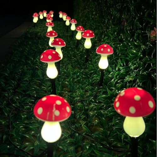YZYOE 20 Pack LED Outdoor Solar Ground Plug-in red Color Mini Mushroom Warm Lights, Waterproof Solar Courtyard Decoration Cute Little Mushroom Light, with 8 Lighting Modes.