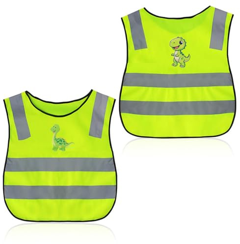 MUNTE 2 Piezas Chaleco Reflectante Niño Ajustable, Chalecos Alta Visibilidad Niño, Chaleco de Seguridad para Niños con Estampado de Dinosaurio, para Viajar, Entrenar y Socializar