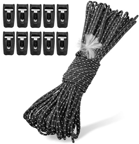 Hikeman Tent Guy Ropes 2mm-Ultralight Strong Guy Lines with Tensioner Reflective UHMWPE Fiber Tent Cord for Camping, Hiking, Backpacking Rope (Black, 65 Feet, 10 Tensioners)