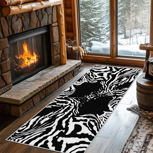 Generisch Teppich Läufer 100 x 200 cm Zebra Streifen, Schwarz Weiss Tiermuster Muster Teppichläufer Flur, Zebra Streifen Teppich Kurzflor rutschfest für Küche, Korridor, Schlafzimmer, Wohnzimmer b174