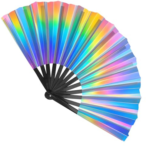 Großer, faltbarer Handfächer für Raves,handlicher, holografischer Handfächer mit glitzernden Farben für Festivals,Regenbogen-Outfits, Disco-Partys,Heimdekoration und Kühlung bei verschiedenen Anlässen