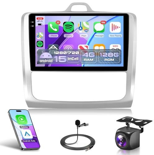 4G+128G Inalámbrico Carplay Android Radio de Coche para Ford Focus Mk2 Mk3 Exi MT 2 3 2004-2011 9 Pulgadas Incell Pantalla Radio Coche Android Auto GPS Navi WiFi Bluetooth FM/RDS EQ/SWC Cámara Trasera