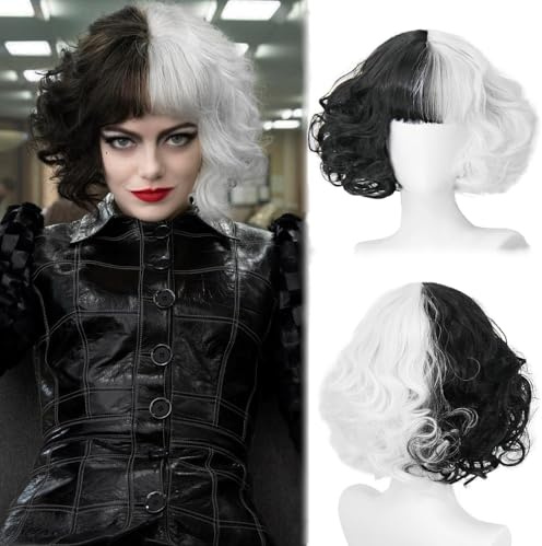 Kurze Schwarze und Weiße Perücke,Halb Schwarz Halb Weiß Perücke,Cruella Deville Wigs,Kurz Schwarz Weiß Cosplay Wigs,Bob Pony Cosplay wigs für Karneval Mottoparty Kostüm Party