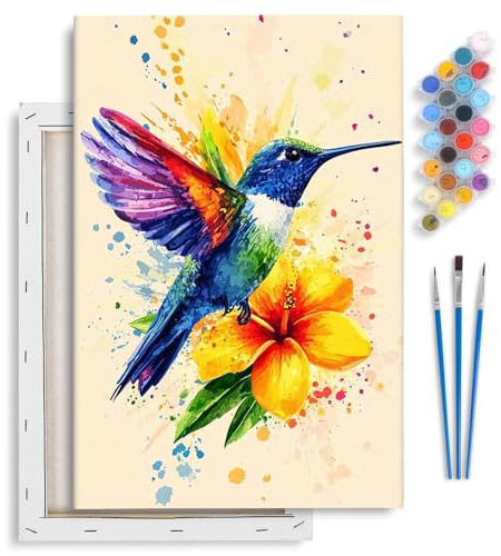 Hummingbird Paint by Numbers for Adults with Frame Beginner 20x30 CM | Framed Canvas, Hummingbird Flower DIY Acrylic Painting by Numbers for Adults, Stress Relief Craft Kits, Home Wall Decor Gift