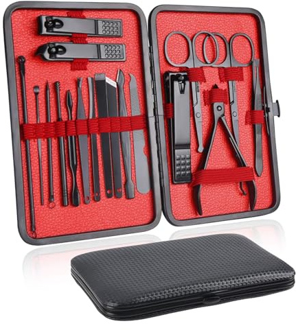 AURIVEE Manicura Pedicura Set 18 Piezas Profesional - Kit Cortaúñas Acero Inoxidable con Estuche Viaje de Cuero para Hogar y Viajes, Negro-Rojo