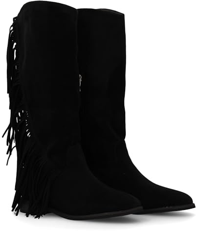 shoes&blues.es 94807 Bota Plana Mujer con Flecos y Estampado Liso, Diseno Moderno. Estilo Cowboy. Tacon Plano. Cierre de Cremallera. Ideales Otono Invierno. Negro Talla 37