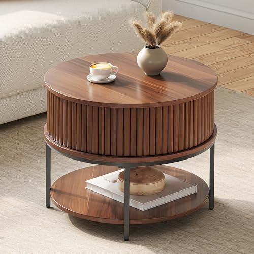 YITAHOME Mesa de Centro Redonda, Mesa Centro Salon con Espacio de Almacenamiento de Dos Niveles, Mesa de Café Acanalada con Puertas Correderas de Diseño Tambour para Salón, Color Nogal