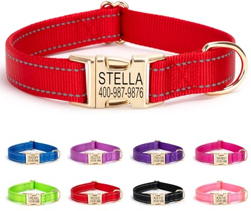 Personalisierter Hundehalsband gravierter Goldener Schnalle, Rot | Individuell gravierter Name reflektierende Nähte, langlebiges Nylon‑Material, verstellbar für alle Hundegrößen