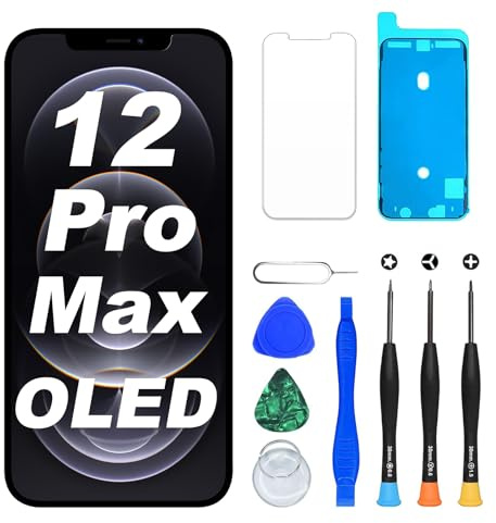 DIGI4U Écran pour iPhone 12 Pro Max OLED, 6,7 pouces Écran de rechange Truetone COF Display Digitizer Assembly, non LCD, avec outils de réparation, protection d'écran et colle étanche