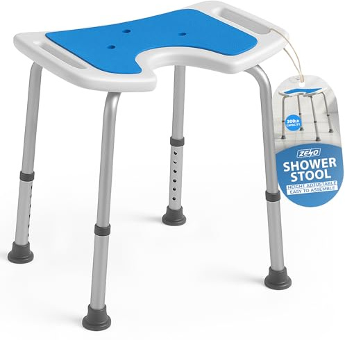 ZENO Shower Stool 7 Adjustable Heights | Shower Chair with 300LB Capacity, Non Slip Feet & Drainage Seat | Lightweight Bathroom Stool with Side Handles | Shower Seat Support for Elderly & Pregnant
