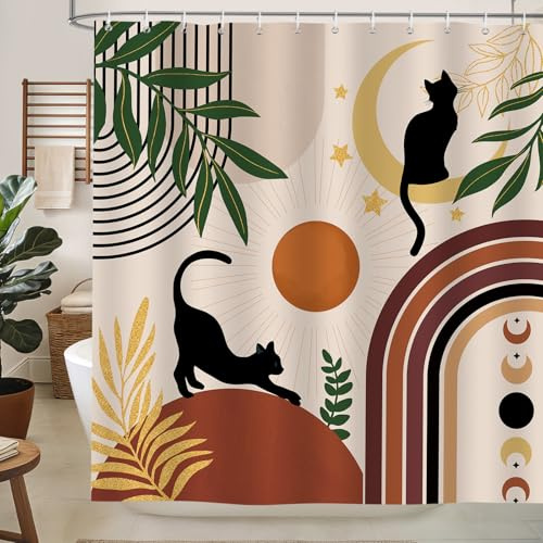 hometrixx Tenda Doccia Boho Astratto Nero Gatto Foglia Sole Luna 180x200cm