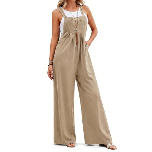 Supcomsta Cotton Linen Dungarees for Women, Womens Jumpsuit Casual Overalls Loose Fit Summer Romper,Sleeveless Jumpsuit with Pockets Side Zipper